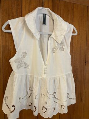 Anthropologie White Embroidered Butterfly Peplum Blouse